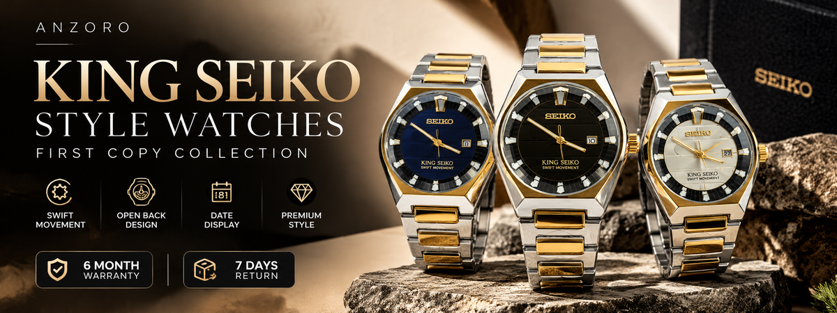 King Seiko style watches for men featuring black dial, blue dial and two tone watch designs