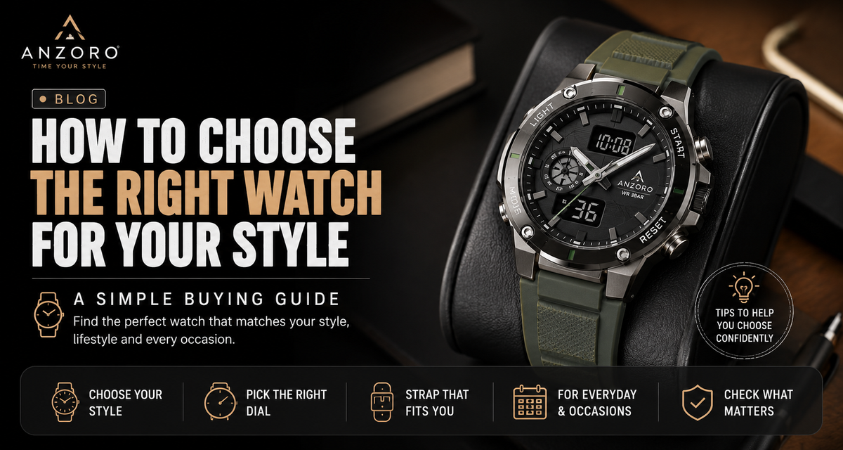 ANZORO watch buying guide banner featuring three stylish watches with tips for choosing the right watch for your style