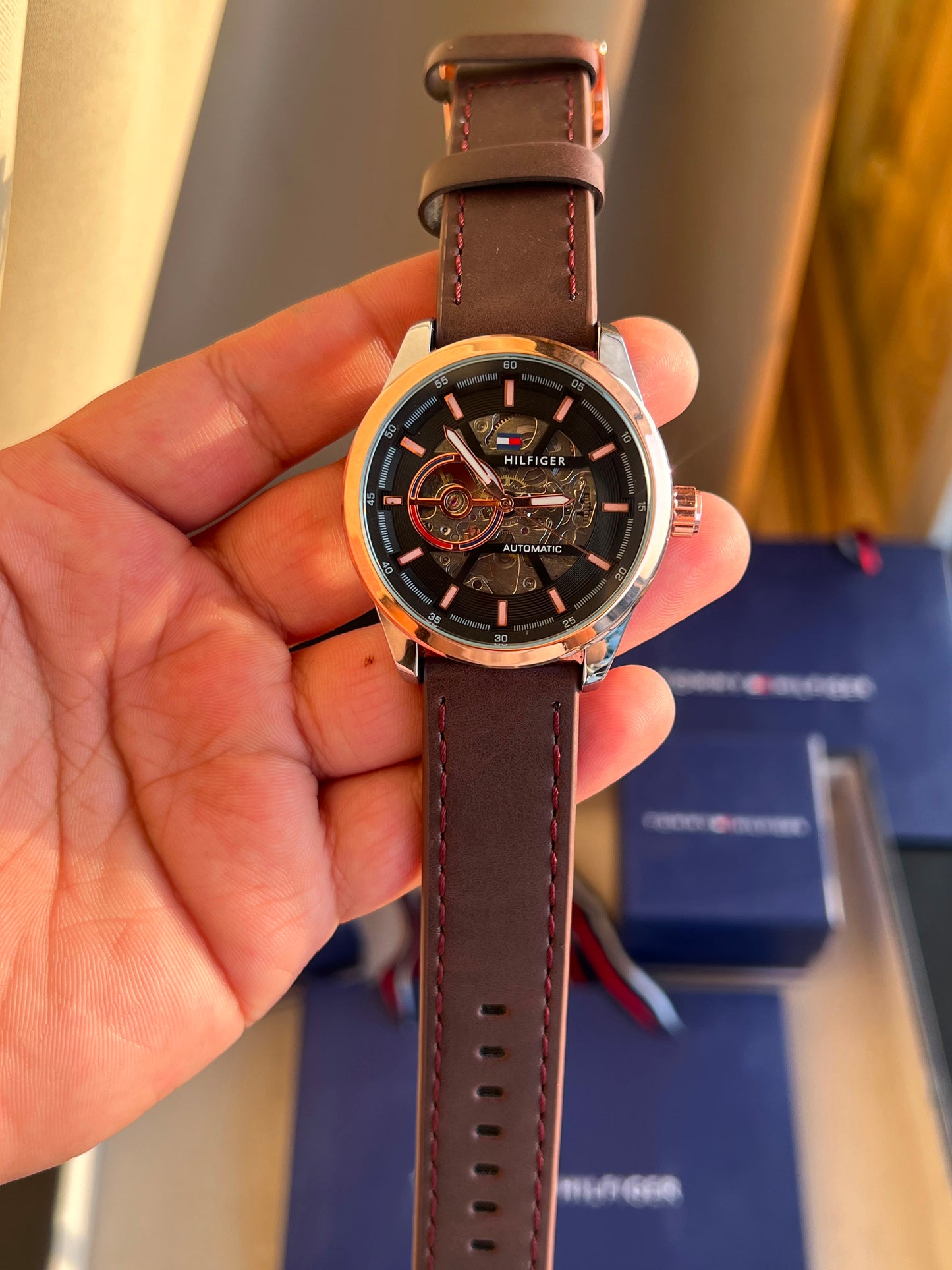Tommy Hilfiger Automatic Skeleton Watch – First Copy | Master Copy Quality | Gold-Tone Case, Brown Leather Strap