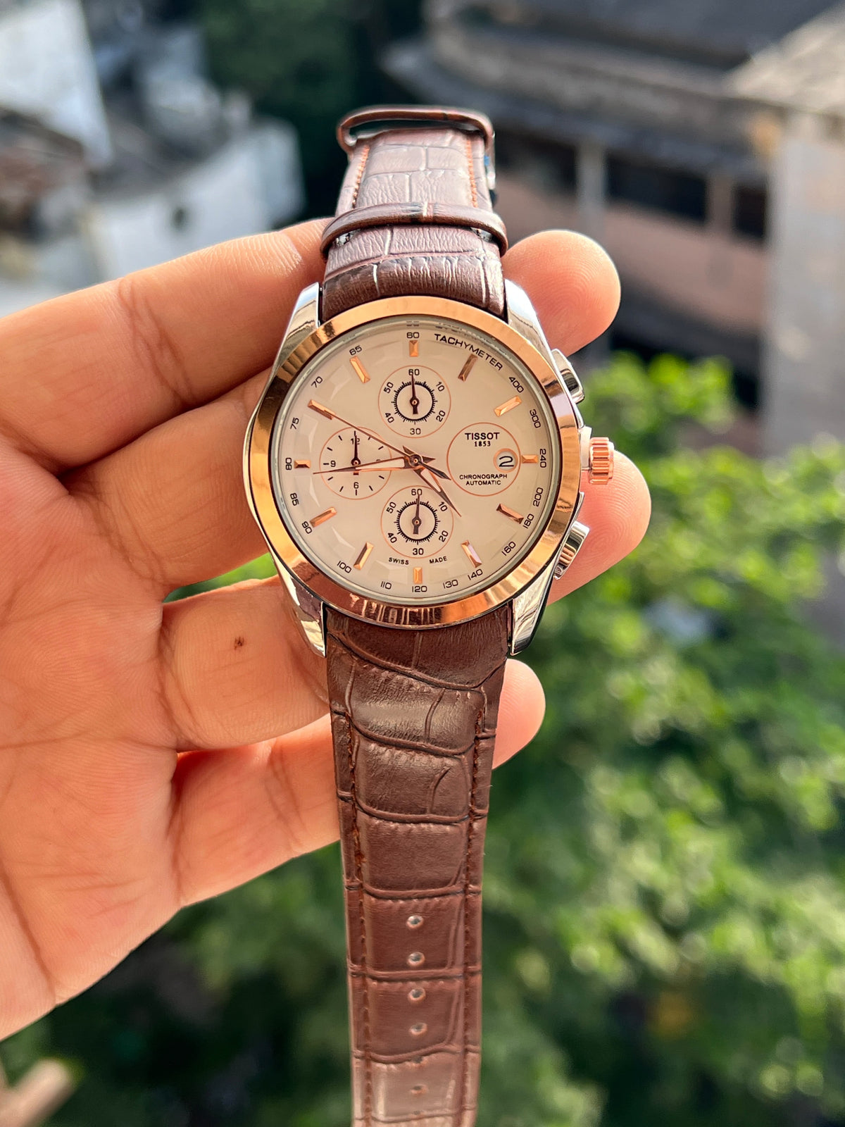 Tissot-White-Dial-Chronograph-Subdials-Rose-Gold-Bezel-First-Copy-Watch