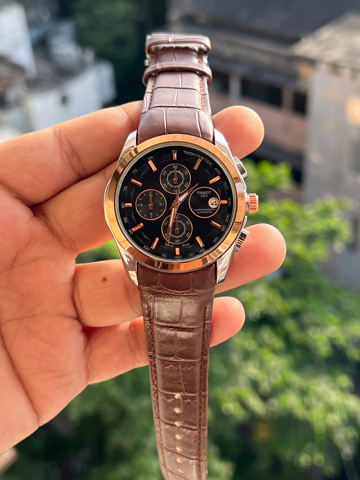Tissot-Black-Dial-Chronograph-Subdials-Rose-Gold-Bezel-First-Copy-Watch