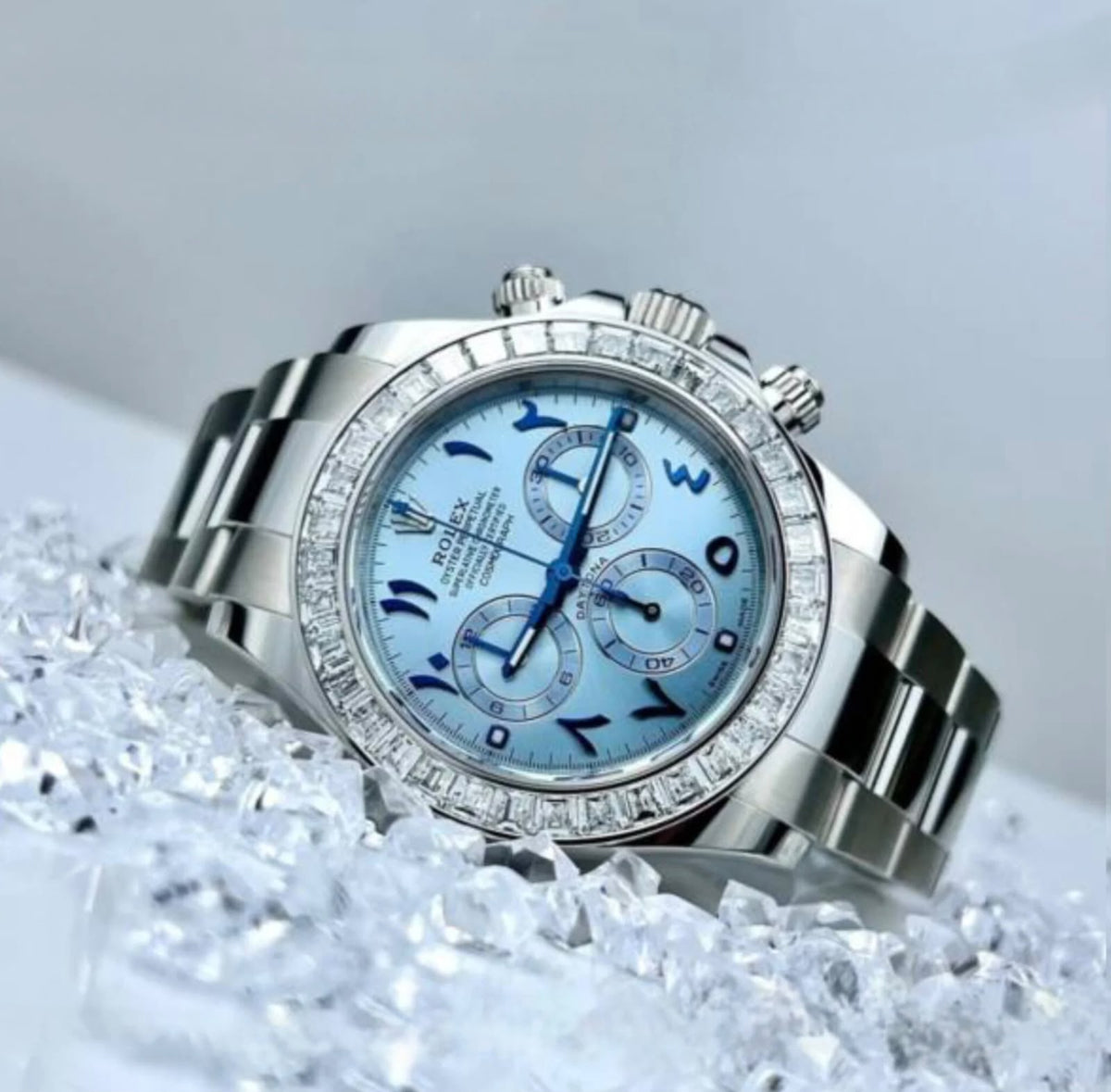 Rolex-Ice-Blue-Dial-Eastern-Arabic-Numerals-Chronograph-Subdials-First-Copy