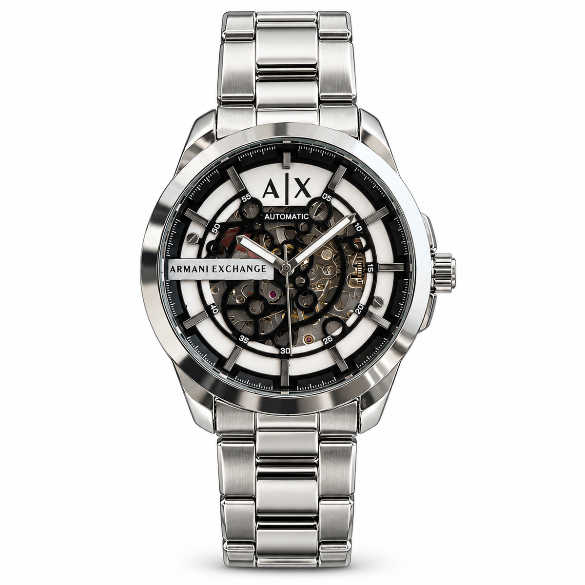 Armani-Exchange-Skeleton-Automatic-Black-White-Dial-Silver-First-Copy-Watch-Anzoro