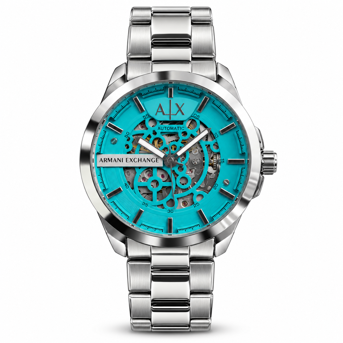 Armani-Exchange-Skeleton-Automatic-Turquoise-Cyan-Blue-Dial-Silver-First-Copy-Watch-Anzoro