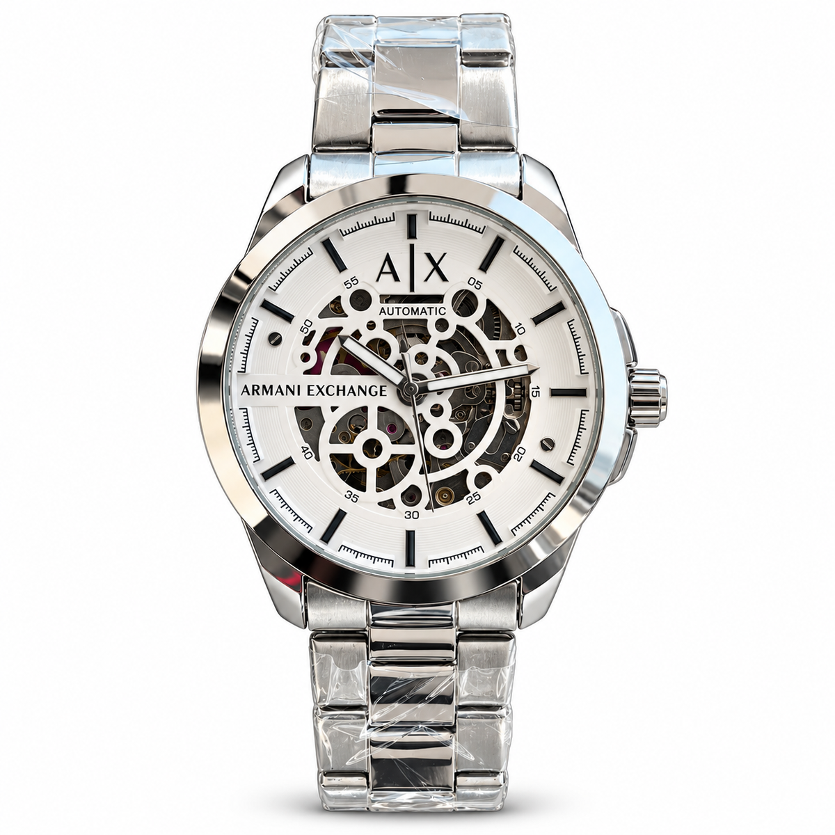Armani-Exchange-Skeleton-Automatic-White-Dial-Silver-First-Copy-Watch-Anzoro