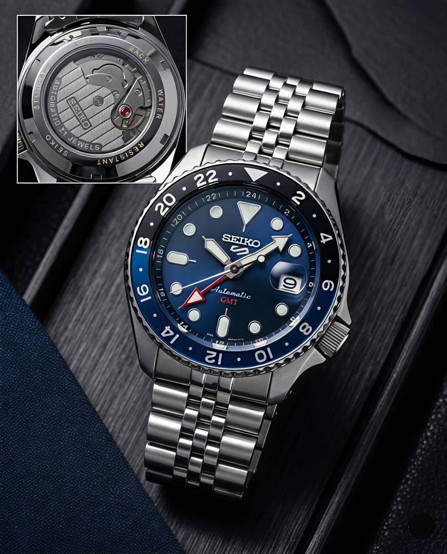 Seiko-5-Sports-GMT-Automatic-Blue-Dial-Batman-Bezel-Jubilee-First-Copy-Watch-Anzoro