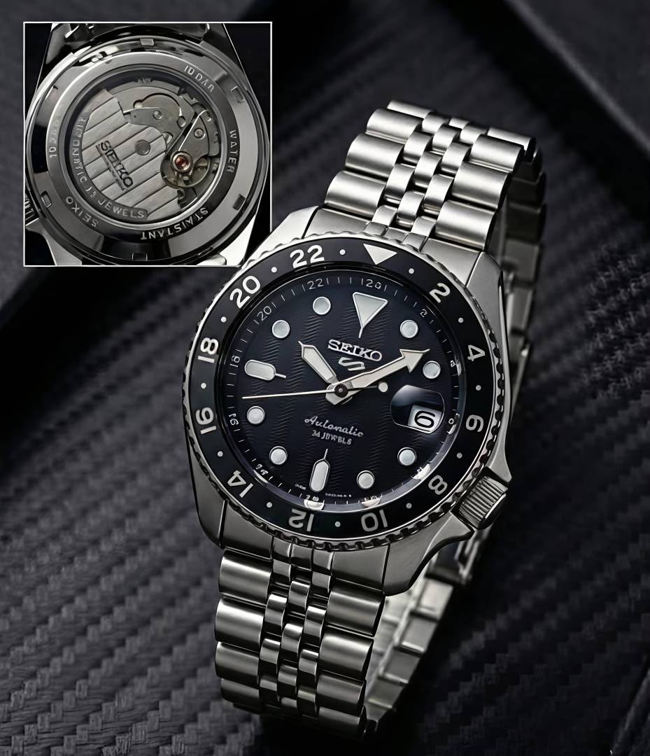 Seiko-5-Sports-GMT-Automatic-Blue-Dial-Batman-Bezel-Jubilee-First-Copy-Watch-Anzoro