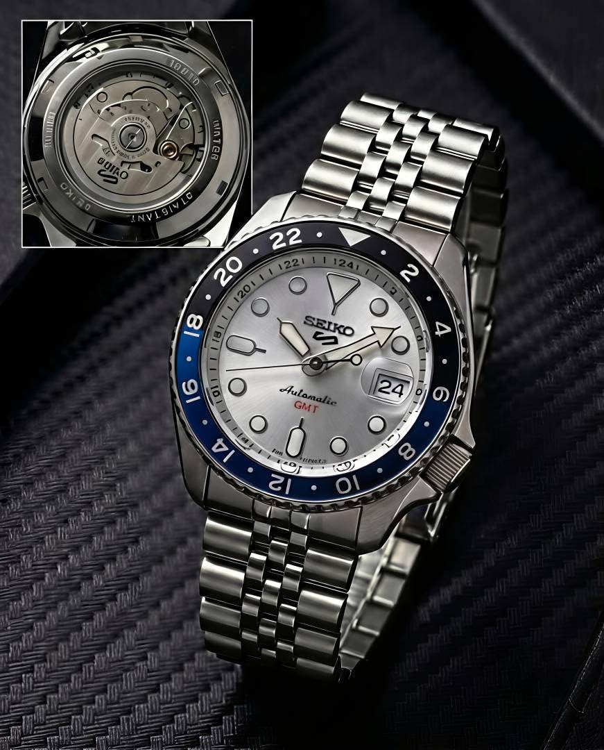 Seiko-5-Sports-GMT-Automatic-Silver-Dial-Batman-Bezel-Jubilee-First-Copy-Watch-Anzoro