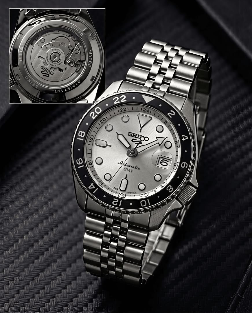 Seiko-5-Sports-GMT-Automatic-Silver-Dial-Black-Bezel-Jubilee-First-Copy-Watch-Anzoro