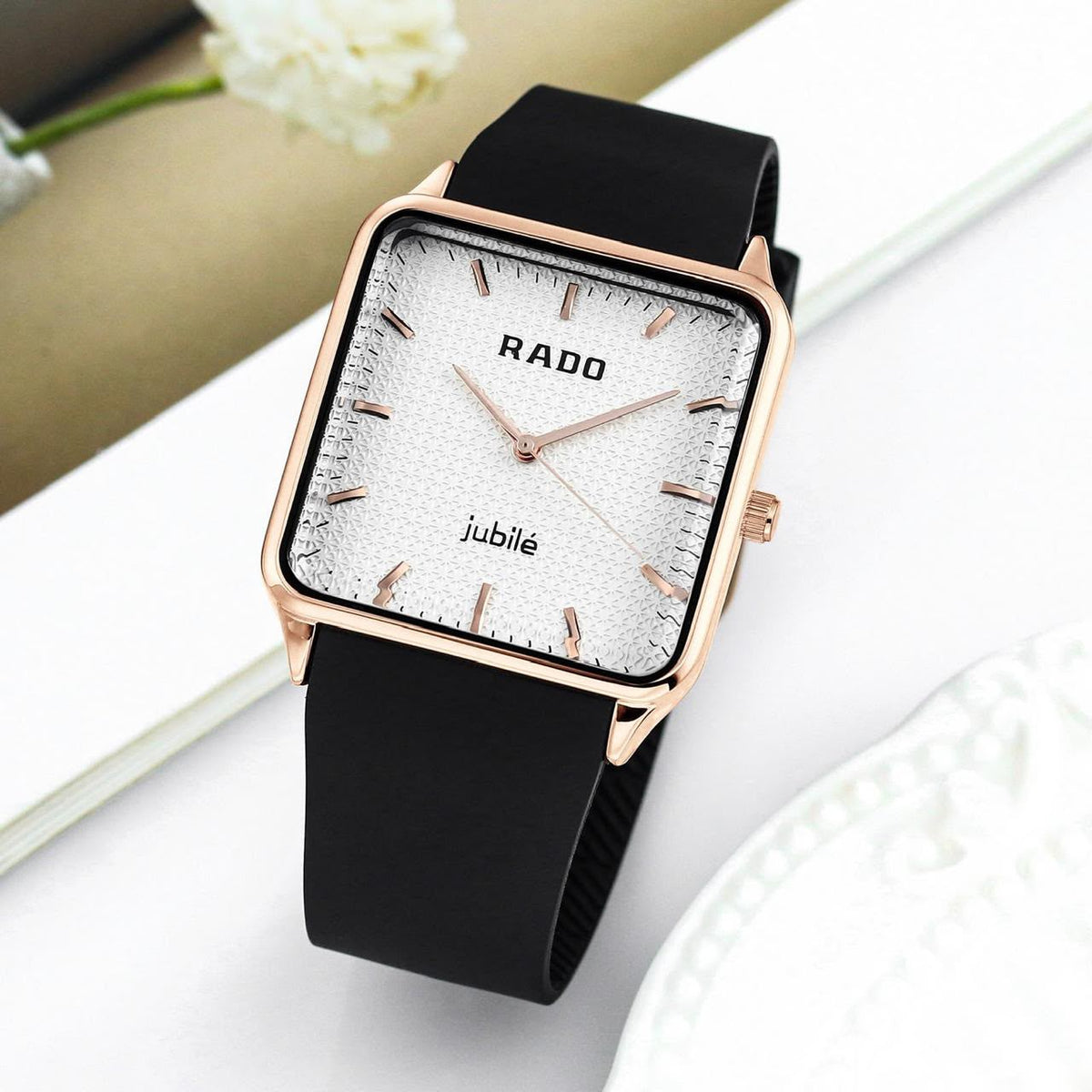 Rado-True-Square-White-Textured-Dial-Rose-Gold-Indices-Jubile-First-Copy