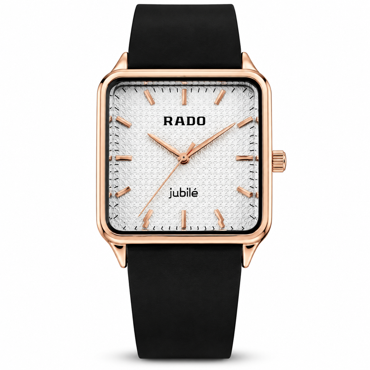 Rado-True-Square-Jubile-Textured-White-Dial-Rose-Gold-Black-Strap-First-Copy-Watch-Anzoro