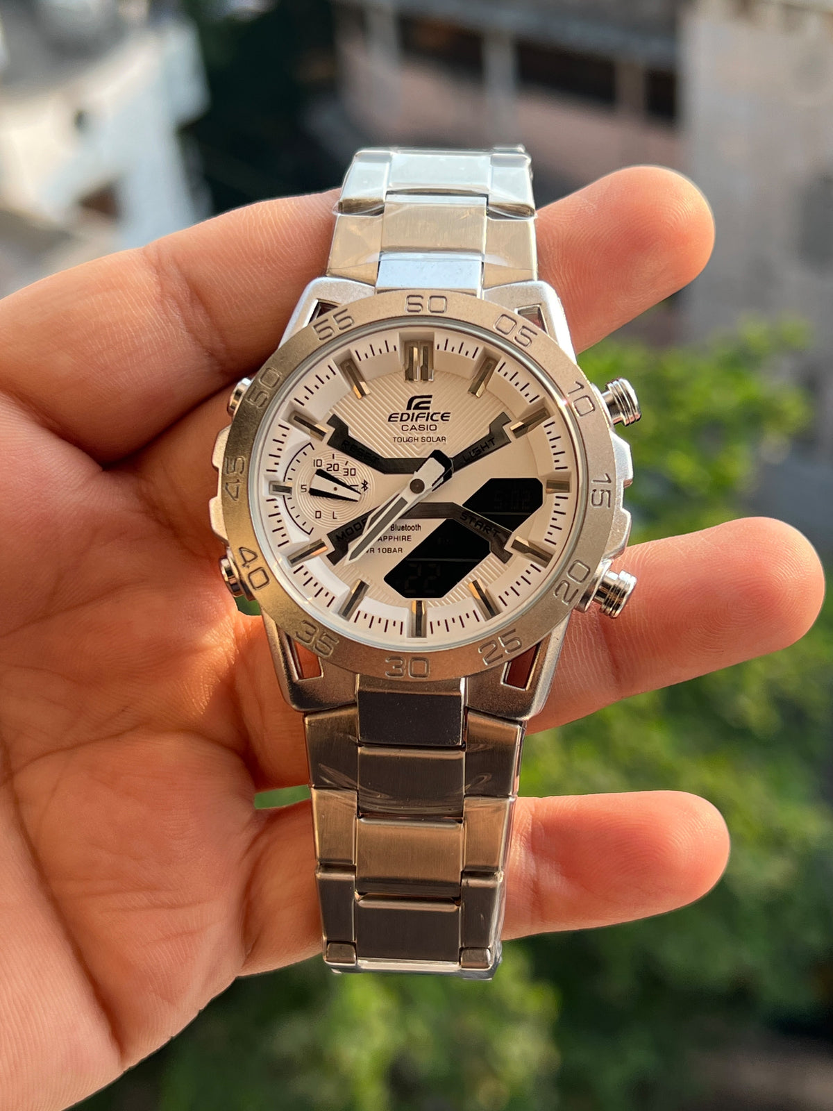Casio Edifice Dual Analog-Digital (Ana-Digi) Beige Dial Solid Black Engraved Bezel Silver Stainless Steel Men's Quartz Watch (7A First Copy)