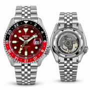 Seiko 5 Sports SKX Series GMT Quartz Red Dial Dual-Tone Black & Red "Coke" Bezel Open Back Stainless Steel Men's Watch (7A First Copy)