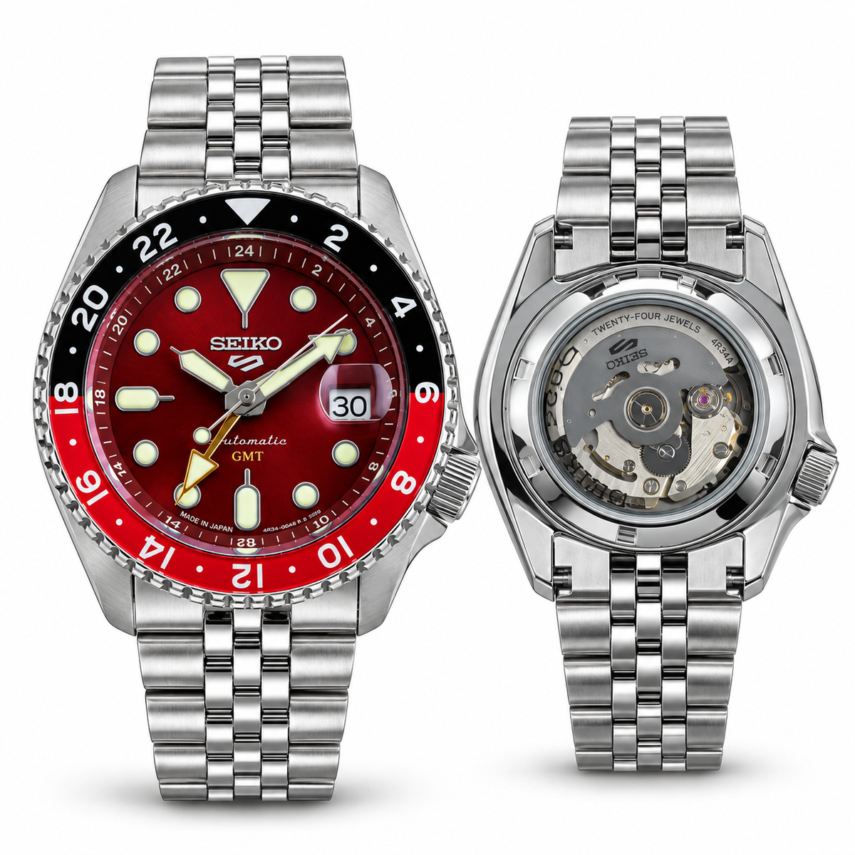 Seiko 5 Sports SKX Series GMT Quartz Red Dial Dual-Tone Black & Red "Coke" Bezel Open Back Stainless Steel Men's Watch (7A First Copy)