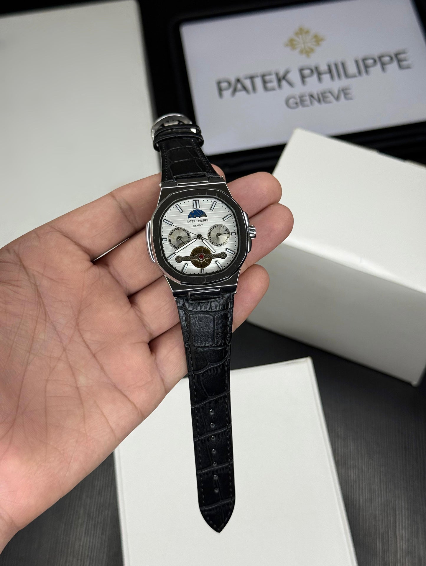 Patek Philippe Style Watch – First Copy | Master Copy Quality | Octagonal Bezel, Dark Alligator Leather Strap