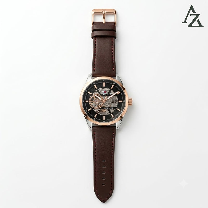 Tommy Hilfiger Automatic Skeleton Watch – First Copy | Master Copy Quality | Gold-Tone Case, Brown Leather Strap