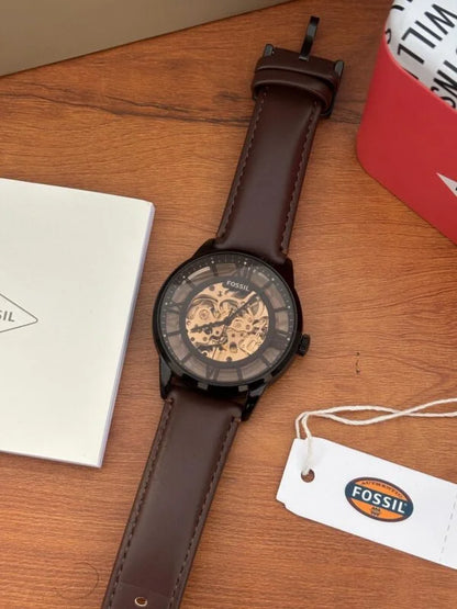 Fossil Townsman Automatic Watch – First Copy | Master Copy Quality | Skeleton Dial, Brown Leather Strap