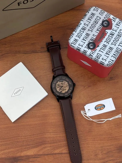 Fossil Townsman Automatic Watch – First Copy | Master Copy Quality | Skeleton Dial, Brown Leather Strap