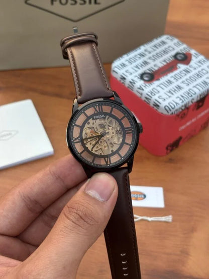 Fossil Townsman Automatic Watch – First Copy | Master Copy Quality | Skeleton Dial, Brown Leather Strap