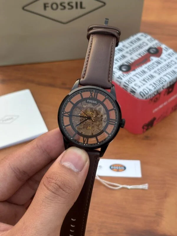 Fossil Townsman Automatic Watch – First Copy | Master Copy Quality | Skeleton Dial, Brown Leather Strap