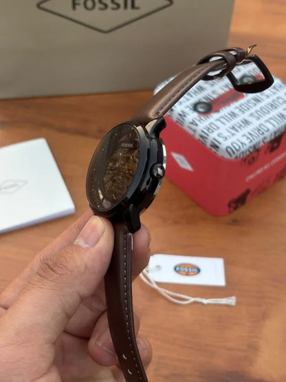 Fossil Townsman Automatic Watch – First Copy | Master Copy Quality | Skeleton Dial, Brown Leather Strap