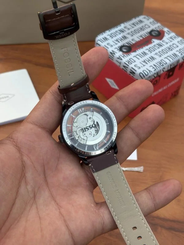 Fossil Townsman Automatic Watch – First Copy | Master Copy Quality | Skeleton Dial, Brown Leather Strap