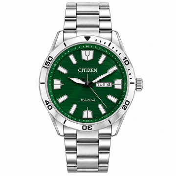 Citizen First Copy Green Dial Watch – Eco-Drive Style | Day Date Analog Watch with Metal Bracelet