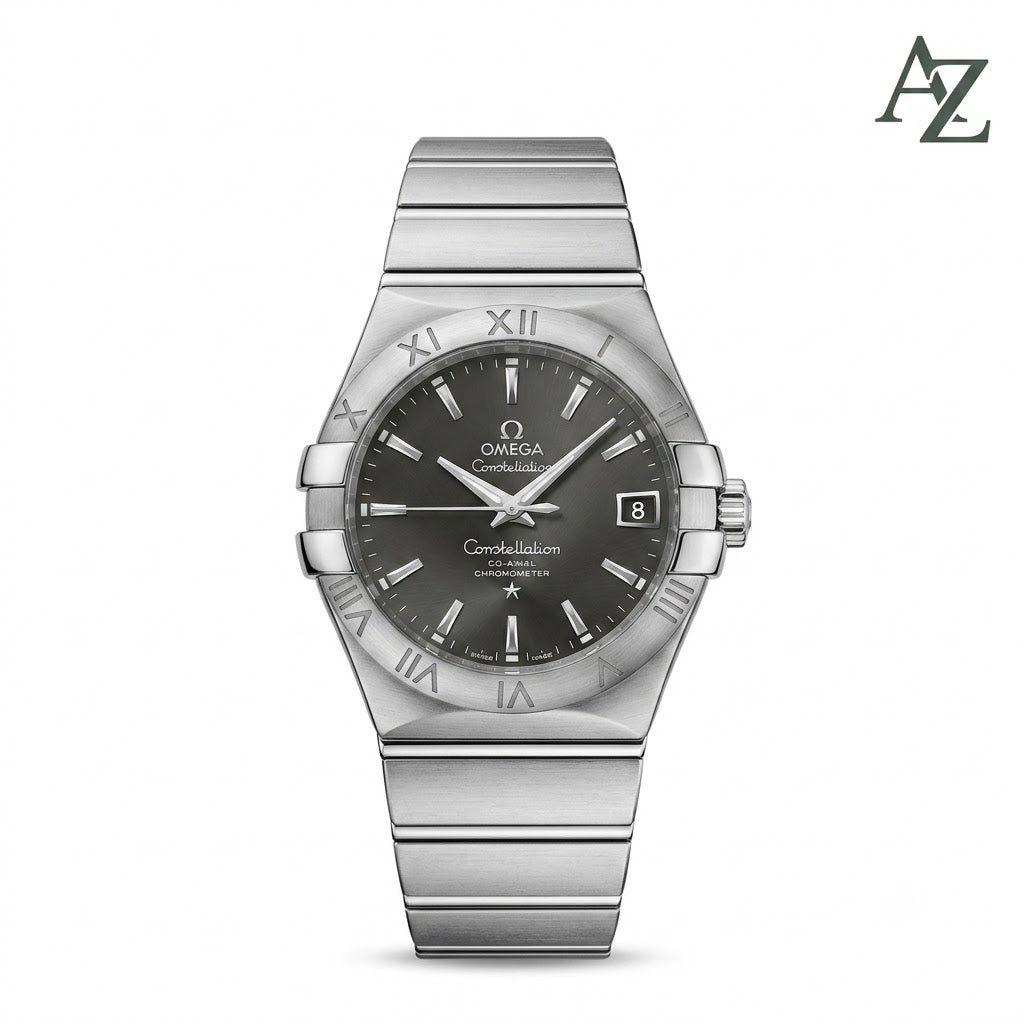 Omega Constellation Watch – First Copy | Master Copy Quality | Black Dial, Integrated Steel Bracelet