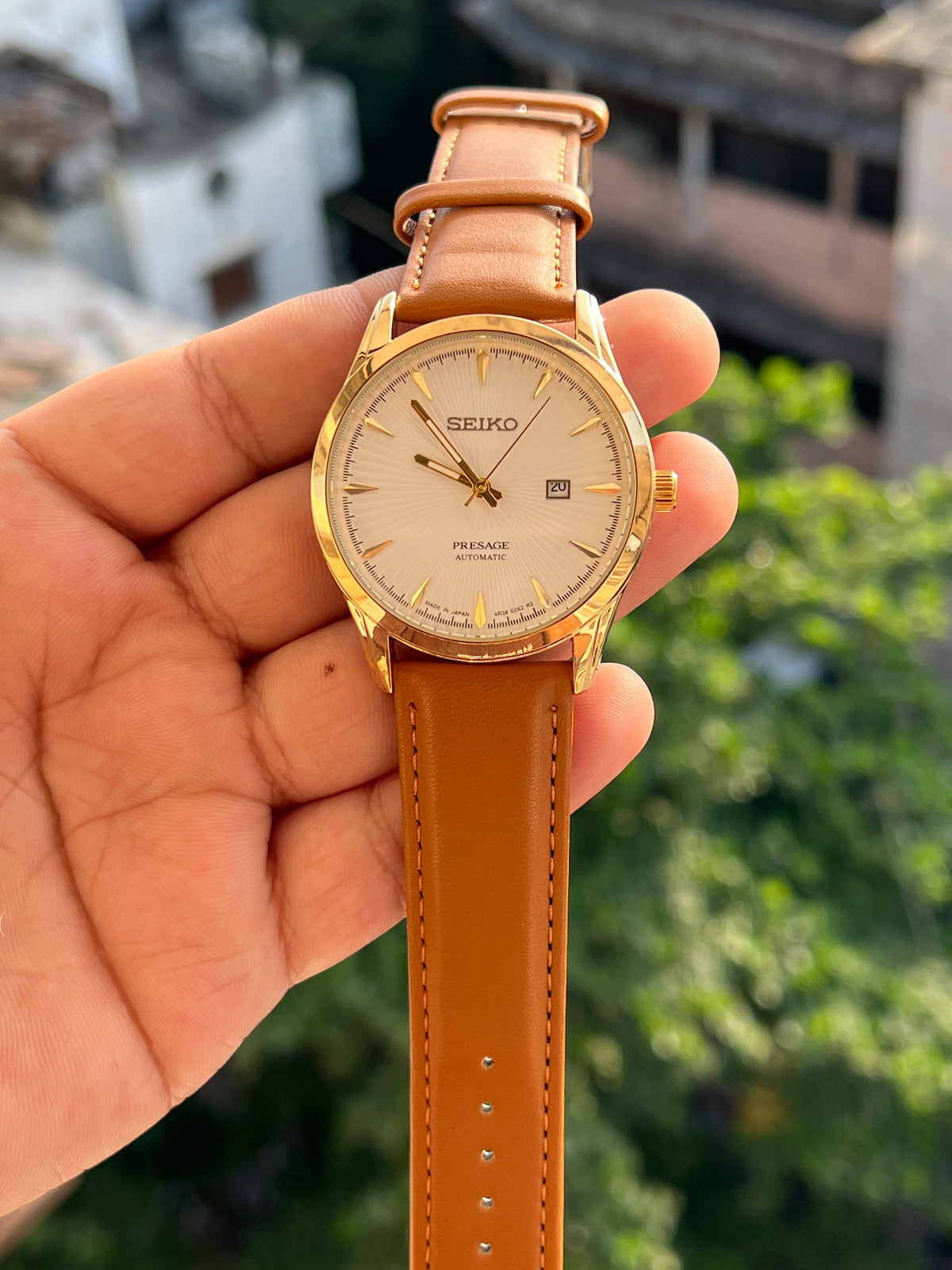 Gold-tone Seiko Presage-inspired watch with brown leather-style strap