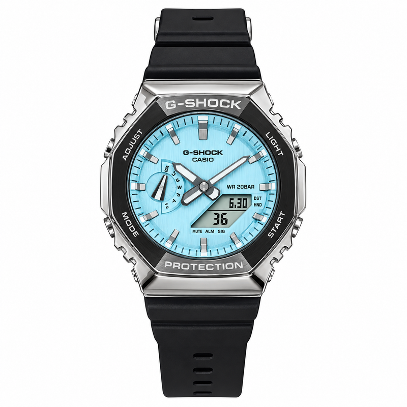 G-SHOCK first copy blue dial analog digital watch with silver bezel