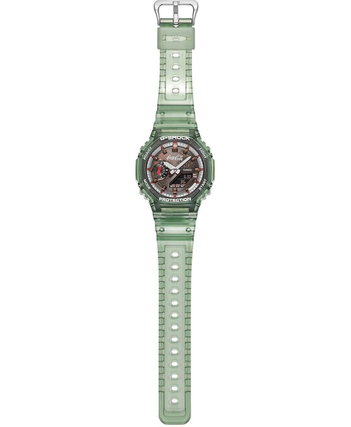 G-Shock inspired green watch side view with octagonal case and resin strap