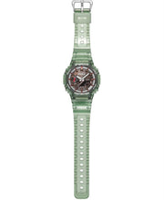 G-Shock inspired green watch side view with octagonal case and resin strap