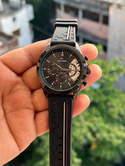 Black skeleton dial Tommy Hilfiger style watch with silicone strap