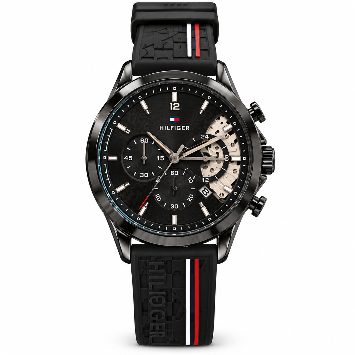 Tommy Hilfiger style black skeleton chronograph first copy watch
