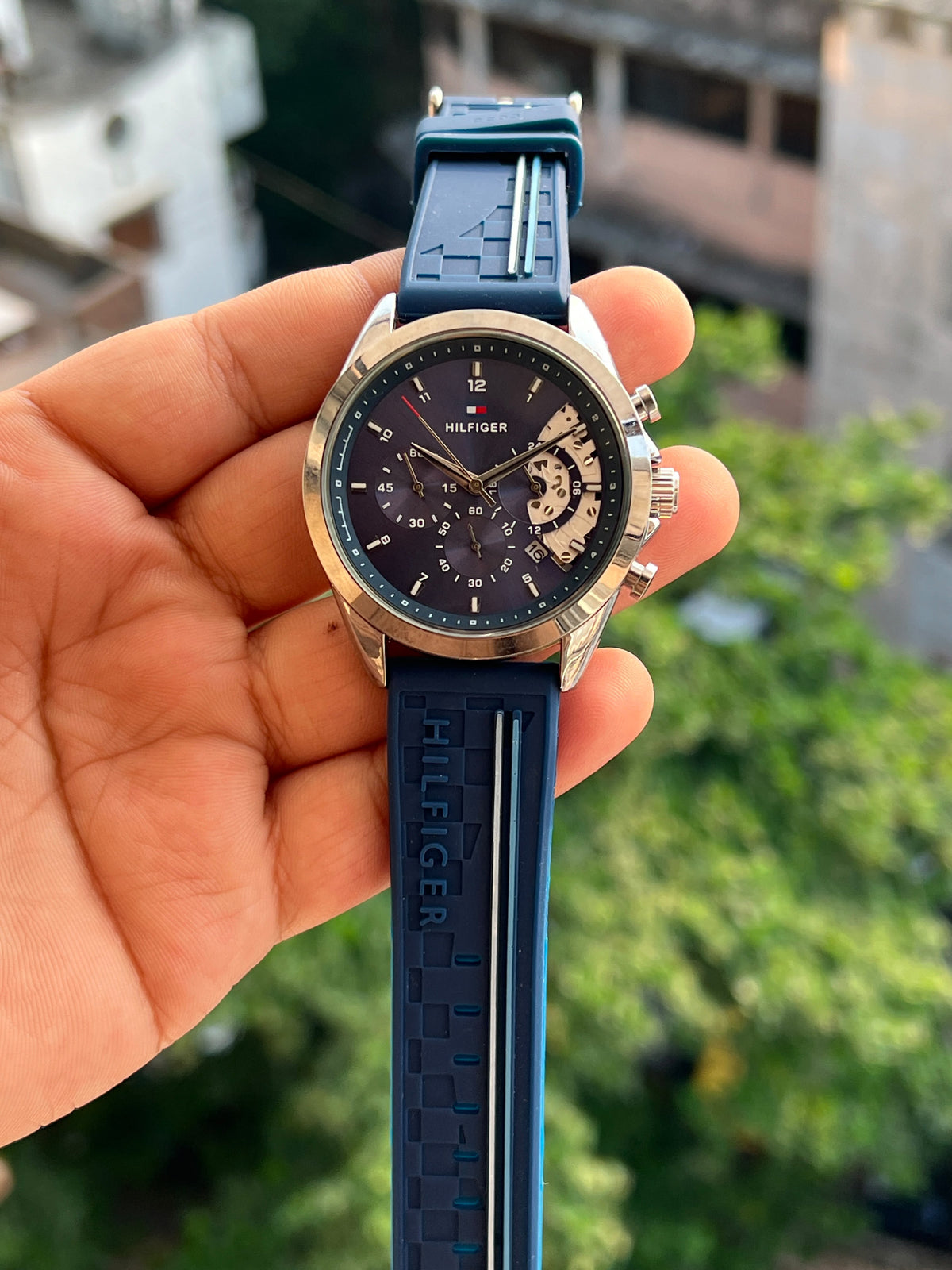 Tommy Hilfiger inspired blue skeleton watch front view