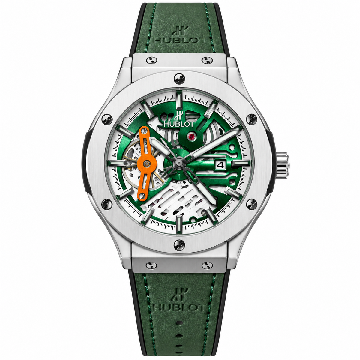 Hublot style green skeleton watch with silver-tone case and leather strap
