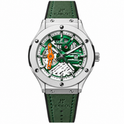 Hublot style green skeleton watch with silver-tone case and leather strap