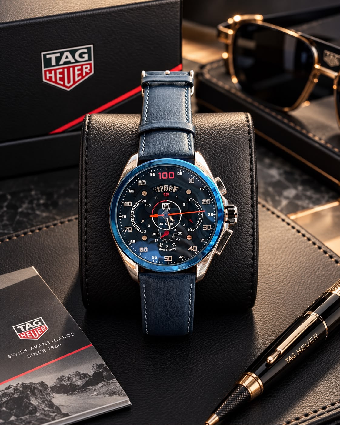 TAG Heuer inspired Carrera chronograph watch with blue bezel and black dial