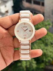 Rado inspired white ceramic bracelet watch with rose-gold-tone detailing