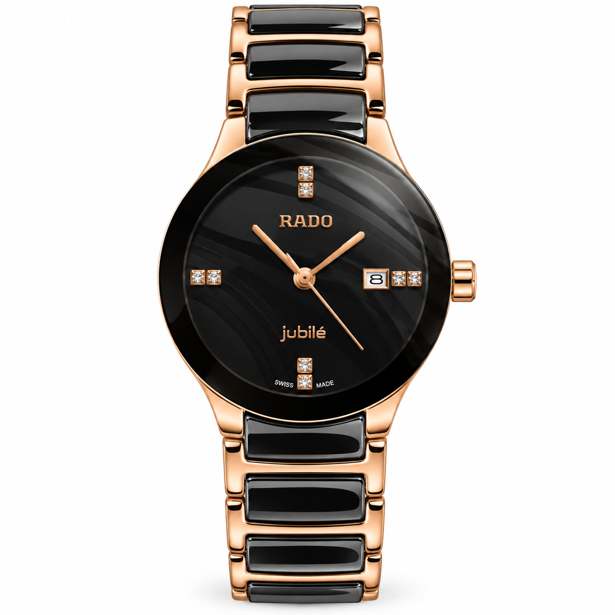 Rado Centrix style black first copy watch with ceramic-style bracelet