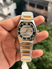 King Seiko inspired watch with gold tone hands and champagne dial