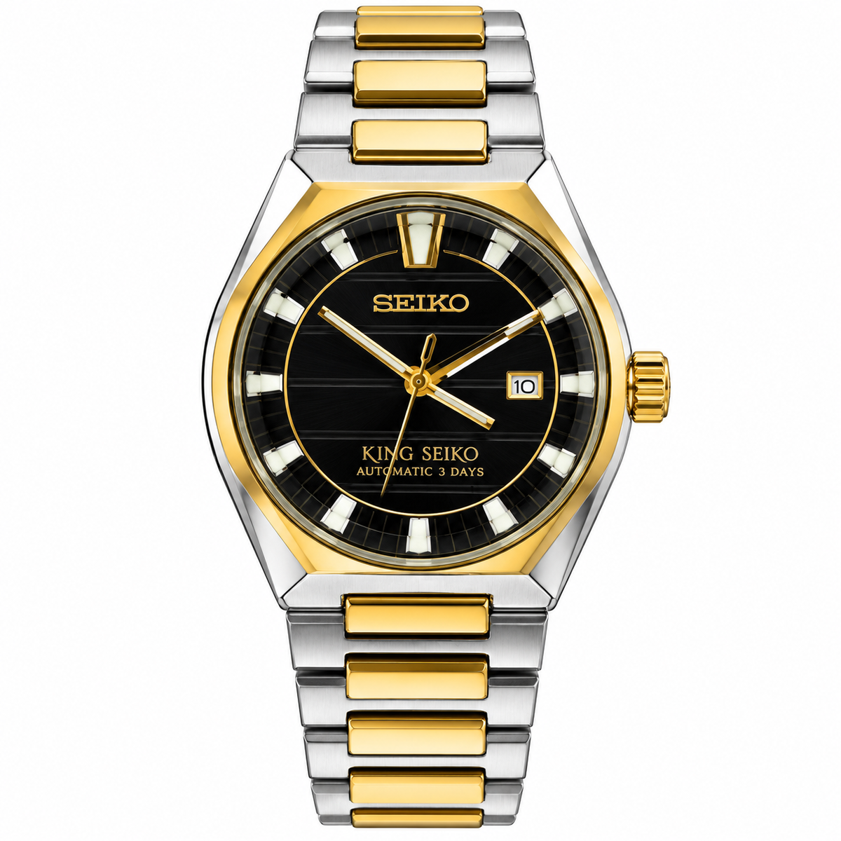 King Seiko style swift movement watch with black dial and two tone bracelet