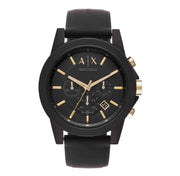 Armani Exchange style black chronograph first copy watch with gold-tone details