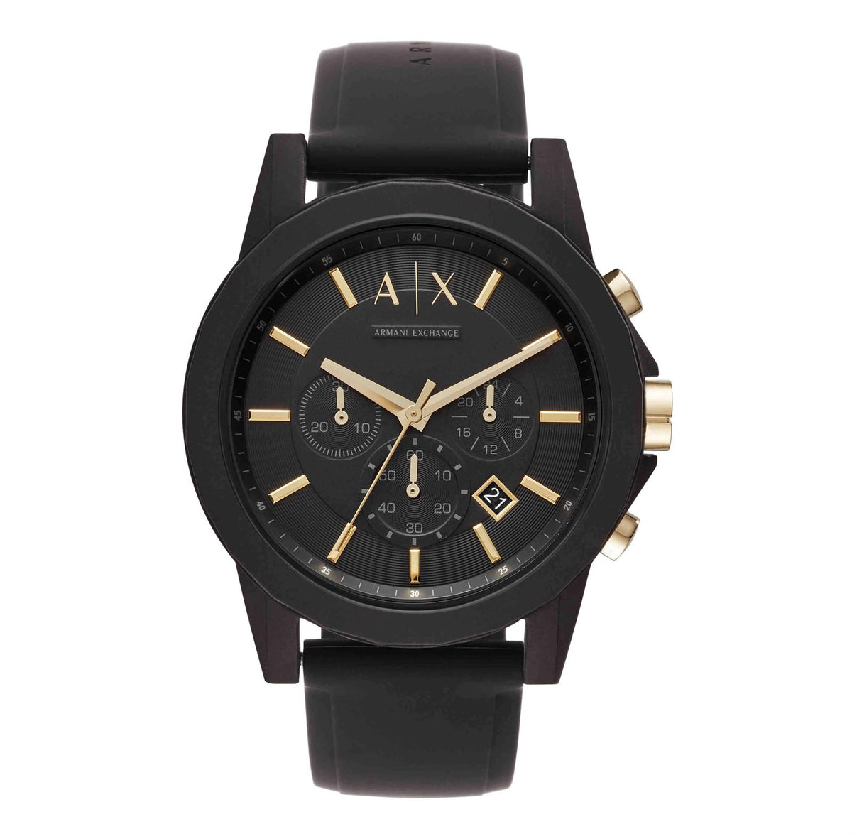 Armani Exchange style black chronograph first copy watch with gold-tone details