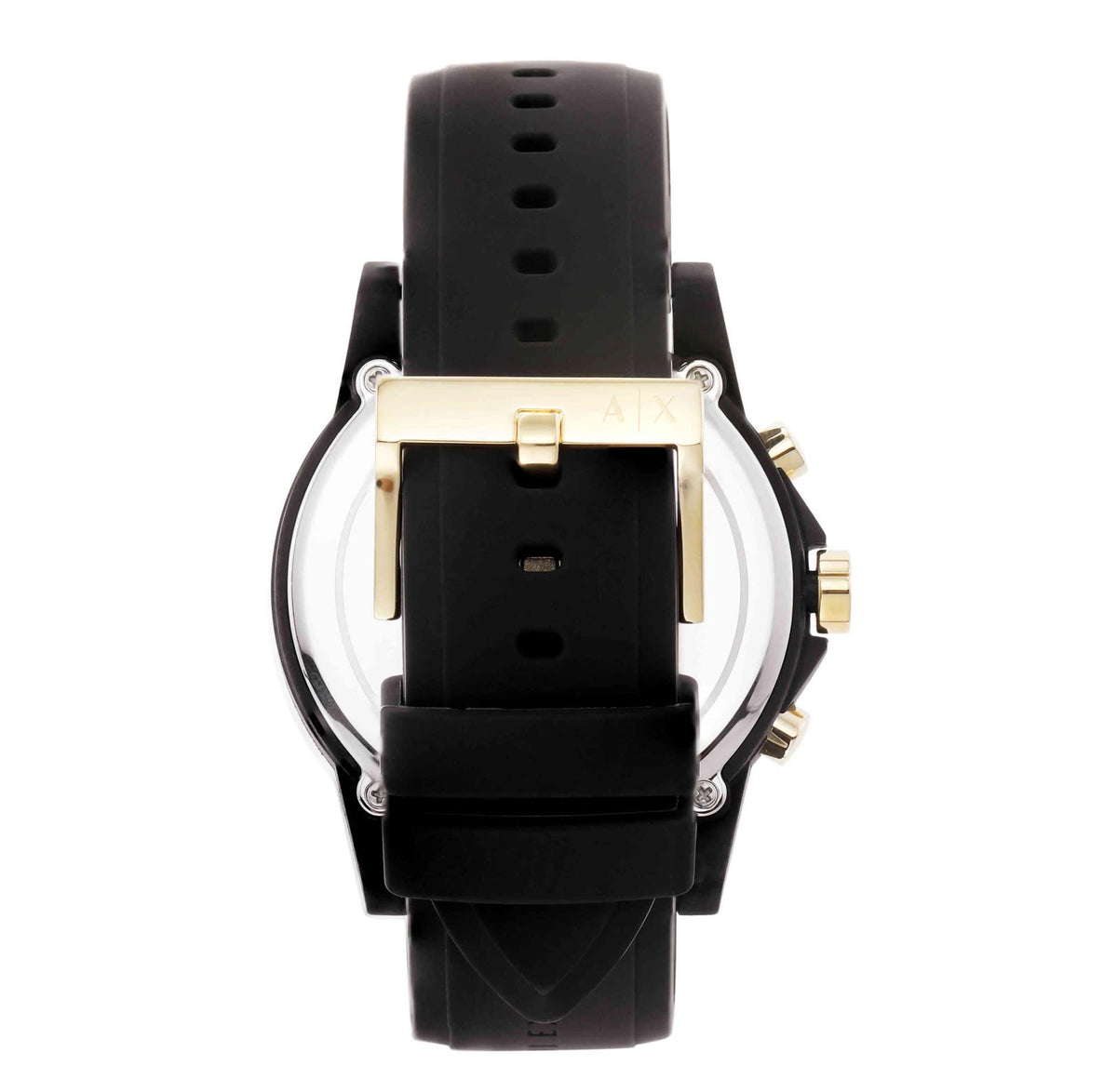 Black chronograph style watch with gold-tone hands markers and date display