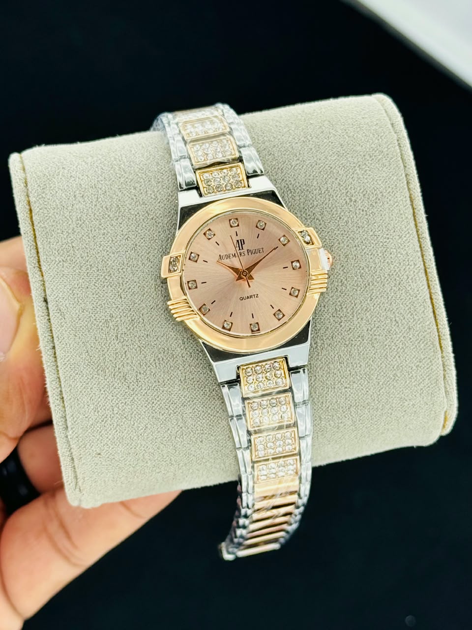 Audemars Piguet inspired pink dial quartz watch with crystal style markers