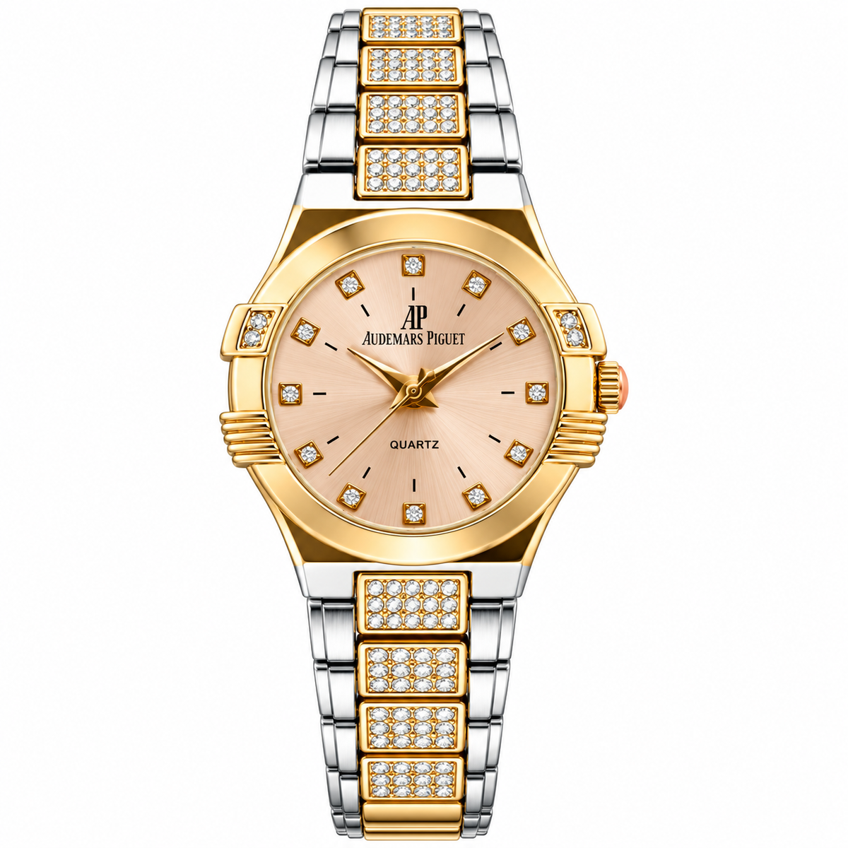 Royal Oak style pink dial first copy watch with gold tone details