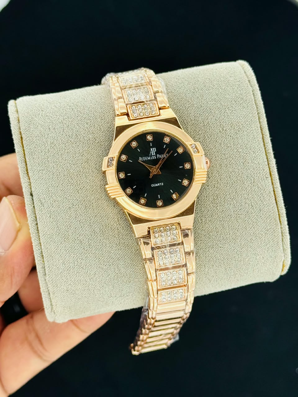 Audemars Piguet inspired black quartz watch with crystal style markers