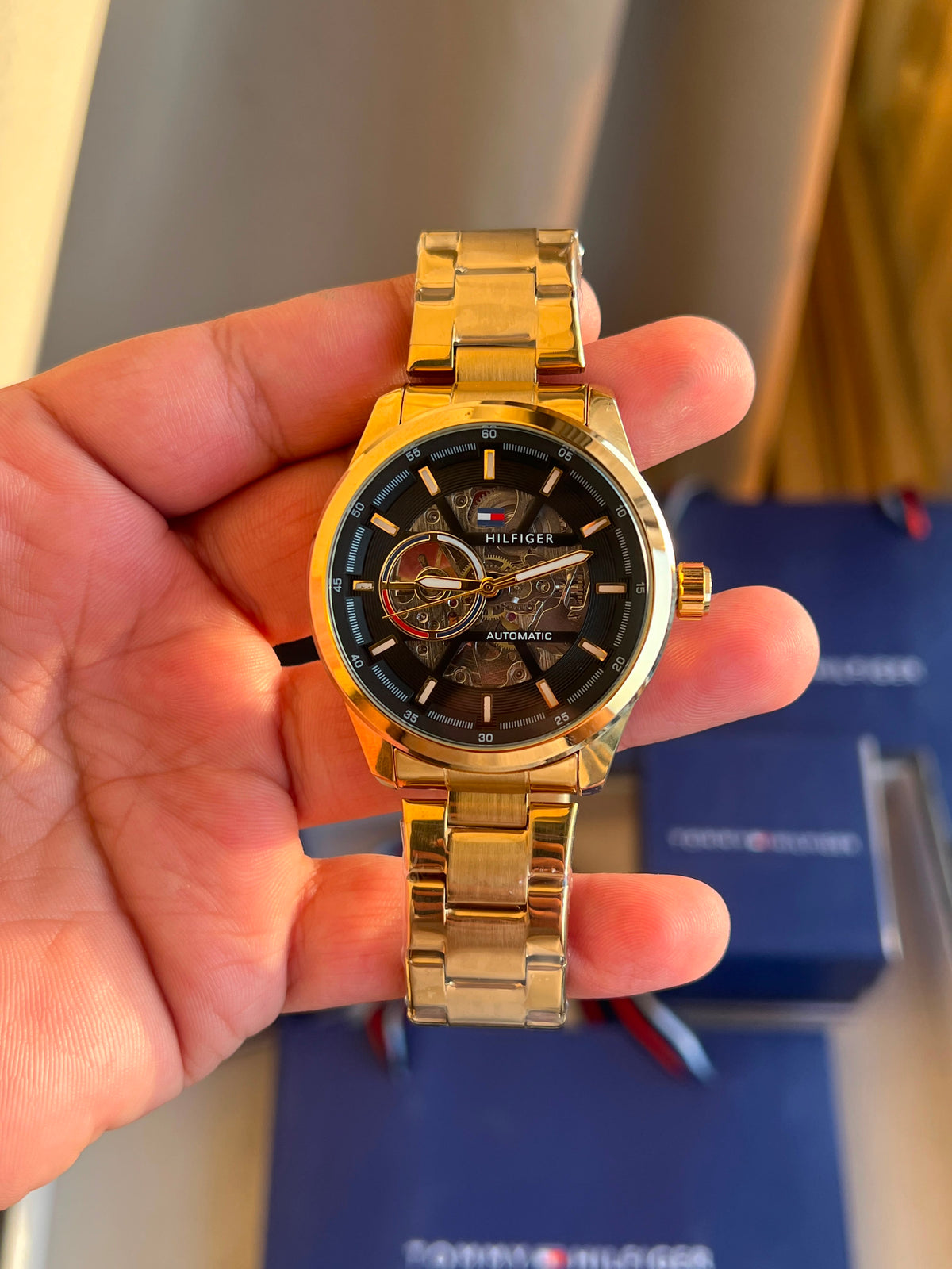 Tommy Hilfiger Automatic Skeleton Watch – First Copy | Master Copy Quality | Gold-Tone Steel Strap