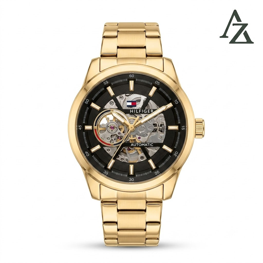 Tommy Hilfiger Automatic Skeleton Watch – First Copy | Master Copy Quality | Gold-Tone Steel Strap